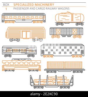 Sondermaschinensammlung. Passagier-und Güterbahn Waggons linearen Vektor-Symbol auf weiß isoliert gesetzt. Abbildung Stock Vektor