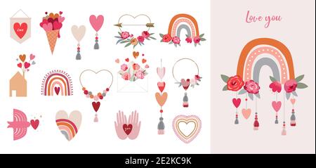 Valentinstag Kollektion mit Illustrationen. Set von modernen flachen Liebe Symbole und Symbole, Herzen, Regenbogen, Dekorationen Stock Vektor