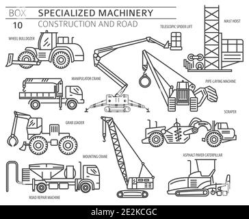 Spezielle industrielle Konstruktion und Straßenmaschine linearen Vektor-Symbol-Set isoliert auf weiß. Abbildung Stock Vektor