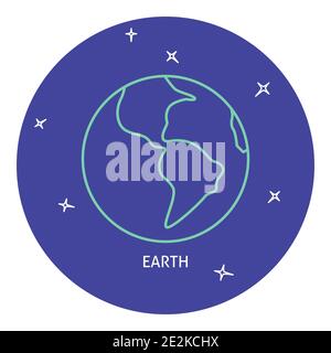 Planet Earth-Symbol im dünnen Linienstil. Solarsystem Raumelement in rundem Rahmen. Stock Vektor
