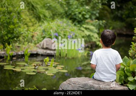 Nachdenklicher Junge sitzt an einem Teich in einer ruhigen, friedlichen Umgebung in Tupare Gardens in New Plymouth, North Island, Neuseeland Stockfoto