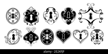 Set von antik, Silhouette, gemustert, Kontur, schwarz, Tür Schlüssellochs auf weißem Hintergrund. Stock Vektor