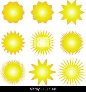 Setzen Sie Sonnensymbole mit Strahlen auf weißem Hintergrund. Sonnenstrahlen-Symbol Stock Vektor