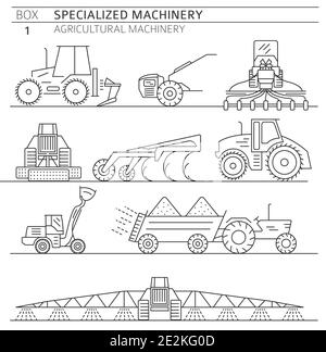 Spezielle Landmaschinen linearen Vektor-Symbol auf weiß isoliert gesetzt. Abbildung Stock Vektor