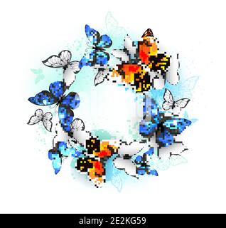 Fliegen im Kreis orange Monarch, weiß und detaillierte blaue Morpho Schmetterlinge auf weißem Hintergrund. Schmetterling. Stock Vektor