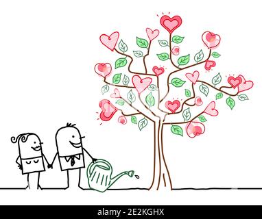 Hand gezeichnet Cartoon Frau und Mann wässern einen großen Baum Mit rosa Herzen Stock Vektor