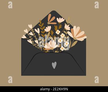 Liebesumschlag mit Blumen. Valentinstag. Stock Vektor