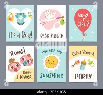 Niedliche Vektor Hand gezeichnet neu geboren Kartensammlung. Geschenkkarten und Einladung. Baby-Dusche-Feier-Konzept. Stock Vektor