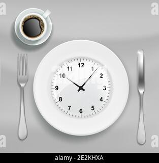 Zeit, um Mittagessen Vektor Poster Banner Vorlage haben. Teller mit Uhr, Gabel und Messer, Tasse Kaffee, Abbildung oben Stock Vektor