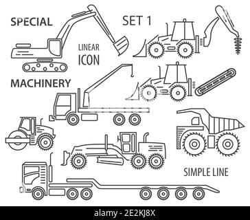 Baumaschinen und spezielle Maschinen linearen Vektor-Icon-Set. Abbildung Stock Vektor