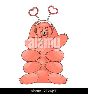 Cute Pink isoliert glücklich niedlich Cartoon Vektor Tardigrade sitzt auf weißem Hintergrund und winkt eine Hand. Federring mit Herzen auf dem Kopf für VA Stock Vektor