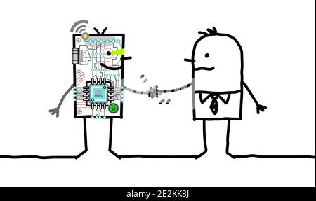 Hand gezeichnet Cartoon Roboter und Geschäftsmann Treffen und Händeschütteln Stock Vektor