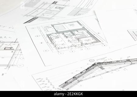 Teil des Architekturprojekts. Architekturplan, technisches Projekt und Konstruktionen. Technische Zeichnungen und Architekturzeichnungen Stockfoto