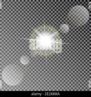 Leuchtende Vektorsonne mit bunten Lichteffekten. Transparentes Vektor-Sonnenlicht mit Bokeh isoliert auf dunklem Hintergrund Stock Vektor