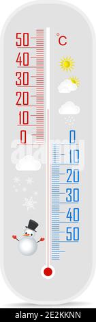 Thermometer zur Messung von Wärme und Kälte, mit Sonne, Schneeflocke, Schneemann, Regen, Wolken Symbole, Vektor-Illustration Stock Vektor