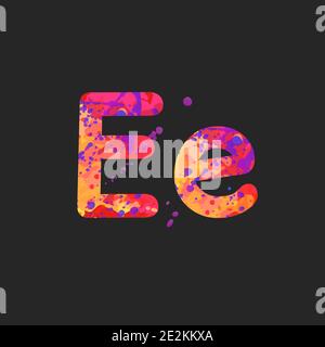Buchstaben E Groß- und Kleinschreibung mit Wirkung von flüssigen Farbflecken in rot, lila, gelben Farben, isoliert auf dunkelgrau. Dekorationselement für die Gestaltung eines Flyers, Plakats, Deckblattes, Titels. Vektor Stock Vektor
