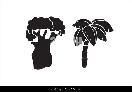 Schwarze isolierte Silhouette aus Baobab und Kokosbaum. Satz tropischer Bäume. Stock Vektor