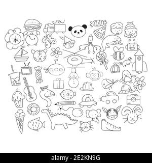 Vektor-Illustration von Doodle niedlich für Kind, handgezeichnete Satz von niedlichen Doodles für die Dekoration auf weißem Hintergrund, Funny Doodle Hand gezeichnet, Seite für Farbe Stock Vektor