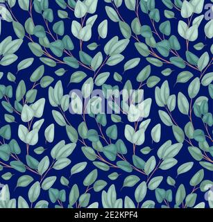 Nahtloses Muster aus Ästen und Eukalyptusblättern auf dunkelblauem Hintergrund. Natürlicher Hintergrund. Vektorstruktur für Stoffe, Verpackungen, Tapeten Stock Vektor