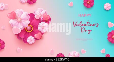 Realistische 3D bunte romantische valentine Hintergrund mit Herzen und Blumen. Alles Liebe zum Valentinstag Grüße. Vektor Stock Vektor