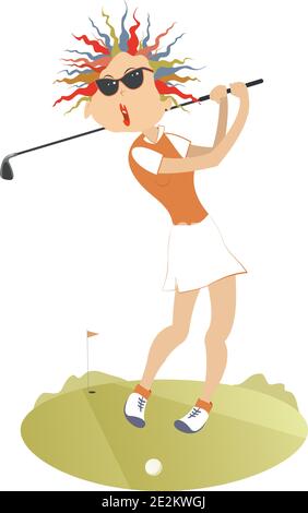 Junge Golferin Frau auf dem Golfplatz Illustration. Junge Golferin Frau in Sonnenbrille versucht, einen guten Treffer isoliert auf weiß zu tun Stock Vektor