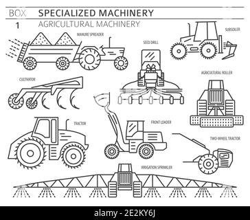 Spezielle Landmaschinen linearen Vektor-Symbol auf weiß isoliert gesetzt. Abbildung Stock Vektor
