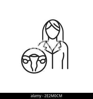 Geburtshilfe Gynäkologen Linie schwarzes Symbol. Untersuchung des weiblichen Fortpflanzungssystems. Registrieren Sie sich für Webseite, mobile App, Schaltfläche, Logo Stock Vektor