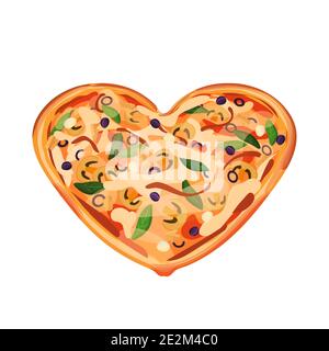 Herzförmige Pizza aus dem Ofen mit Käse, Pilzen, Huhn, gehackten und ganzen lila Oliven, Mozzarella und hellgrünen Blättern isoliert auf whit Stock Vektor