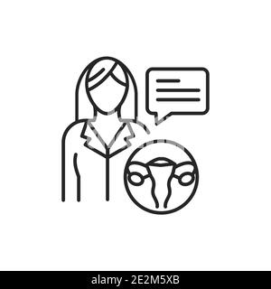 Beratung mit Arzt Gynäkologen Linie Symbol. Untersuchung des weiblichen Fortpflanzungssystems. Registrieren Sie sich für Webseite, mobile App, Schaltfläche, Logo Stock Vektor