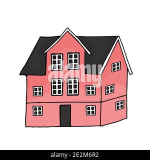Cute Pink Hand gezeichnet Haus isoliert auf weißem Hintergrund. Das Gebäude hat drei Etagen Stock Vektor