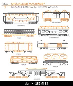 Sondermaschinensammlung. Passagier-und Güterbahn Waggons linearen Vektor-Symbol auf weiß isoliert gesetzt. Abbildung Stock Vektor