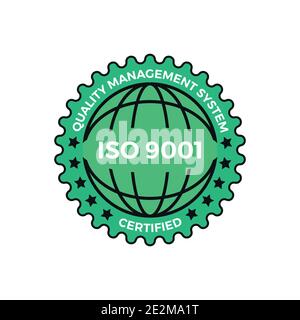 Nach ISO 9001 zertifiziertes grünes Etikett, Vektorgrafik. Nach ISO 9001 zertifizierter Symbolvektor auf weißem Hintergrund. Stock Vektor