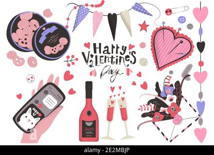 Große Reihe von Happy Valentines Day Theme-Icons. Herz, Plätzchen-Box, Umschlag mit Blumen gefüllt, Hand mit dem Smartphone Stock Vektor