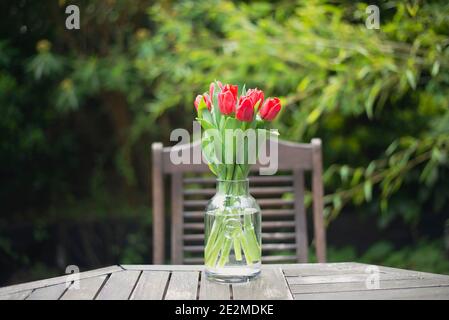 Frische rote Tulpen auf Holzgartentisch. Authentisches Outdoor Lifestyle Foto mit sattgrünem Hintergrund. Rustikales Wohndekor-Konzept. Stockfoto