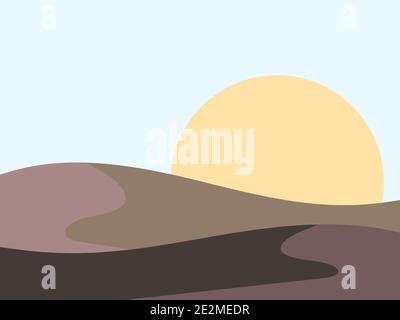 Gewellte Landschaft in minimalistischem Stil. Sonnenuntergangslandschaft mit Hügeln. Flaches Design in gelber Sonne. Boho Decor für Drucke, Poster und Interior Design. Mittel C Stock Vektor