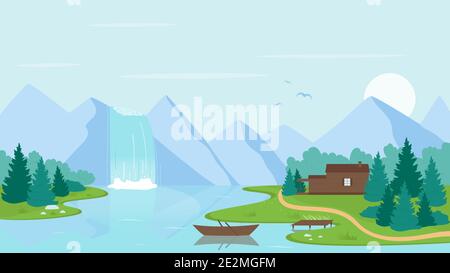 Wasserfall Fluss Landschaft Vektorgrafik. Cartoon wilde Land Natur Landschaft mit Strom von Wasser fallen aus dem Berg in Fluss oder See, Boot und Haus am Ufer. Ökotourismus Konzept Hintergrund Stock Vektor