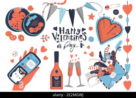 Große Reihe von Happy Valentines Day Theme-Icons. Herz, Plätzchen-Box, Umschlag mit Blumen gefüllt, Hand mit dem Smartphone Stock Vektor