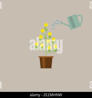 Gießkanne Geldbaum. Das Geld wächst auf dem Baum. Geldwachstum, Geld verdienen, Investitionen, Gewinn, Finanzmanagement-Konzept Stock Vektor