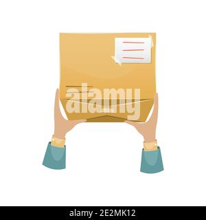 Lieferung des Paketes durch den Postboten an den Empfänger zu Hause. Postzustellung. Stock Vektor