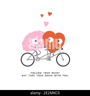 Cartoon Illustration des Herzens und Gehirn Fahrrad fahren. Herz und Gehirn verlieben sich. Happy Valentines Day Schriftzug. Stock Vektor