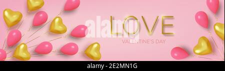 Valentinstag Hintergrund mit realistischen Ballons rosa und Gold in Form Herzen. Liebe und Hochzeit. Vorlage für Produkte, Webbanner und Prospekte Stock Vektor
