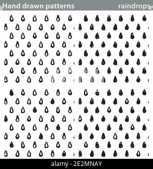 Vier verschiedene nahtlose Muster mit handgezeichneten Regentropfen. Stock Vektor