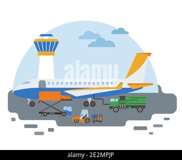 Sondermaschinensammlung. Flughafen Bodenunterstützung Service Transport farbige Vektor-Symbol auf weiß isoliert gesetzt. Illustration Vektor-Design Stock Vektor