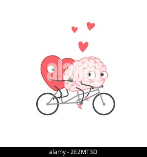 Cartoon Illustration des Herzens und Gehirn Fahrrad fahren. Herz und Gehirn verlieben sich. Happy Valentines Day Schriftzug Stock Vektor