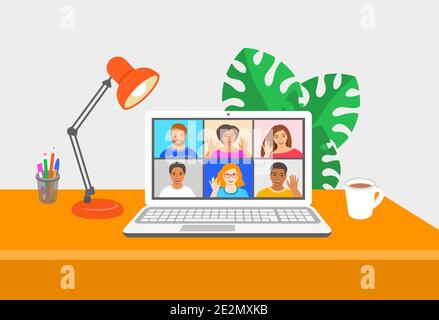 Freunde Online-Videokonferenz per Computer. Junge Menschen chatten virtuell miteinander in Videoanruf-App. Flache Cartoon-Illustration. Arbeiten Sie zu Hause und Stock Vektor