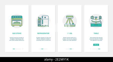 Heim Dekor Möbel, Küchengeräte Vektor Illustration. UX, UI Onboarding mobile App Seite Screen Set mit Linie dekorative Einrichtung Geschirr Sammlung, Gas-Backofen Kühlschrank Tisch Hocker Stock Vektor