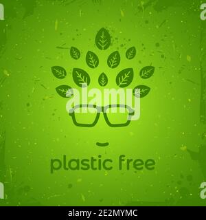 Greengrunge Poster mit Männerkopf in Hipster Brille, Blätter und Text Kunststoff frei. Ökologie, umweltfreundliche kratzte Plakette. Go Green Konzept. Keine pl Stock Vektor