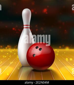 Realistische Vektor Bowling Kegel und rote Kugel auf einem Holzboden. Stock Vektor