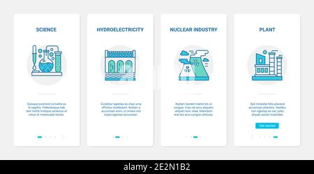 Vektorgrafik für Industrietechnologie. UX, UI Onboarding mobile App Seite Bildschirm mit Linie nuklearen industriellen Symbole, Wissenschaft Forschung für Anlage oder Fabrik, Wasserkraftwerk Stock Vektor