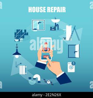 Vektor eines Geschäftsmanns, der eine mobile App verwendet, um eine Anfrage zu stellen Professionelle Hausreparaturdienste Stock Vektor